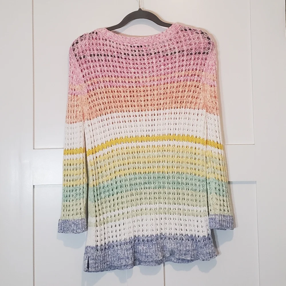 Talbots Open Stitch Cotton Pullover Knit Sweater Pastel Stripes Size Large Petit